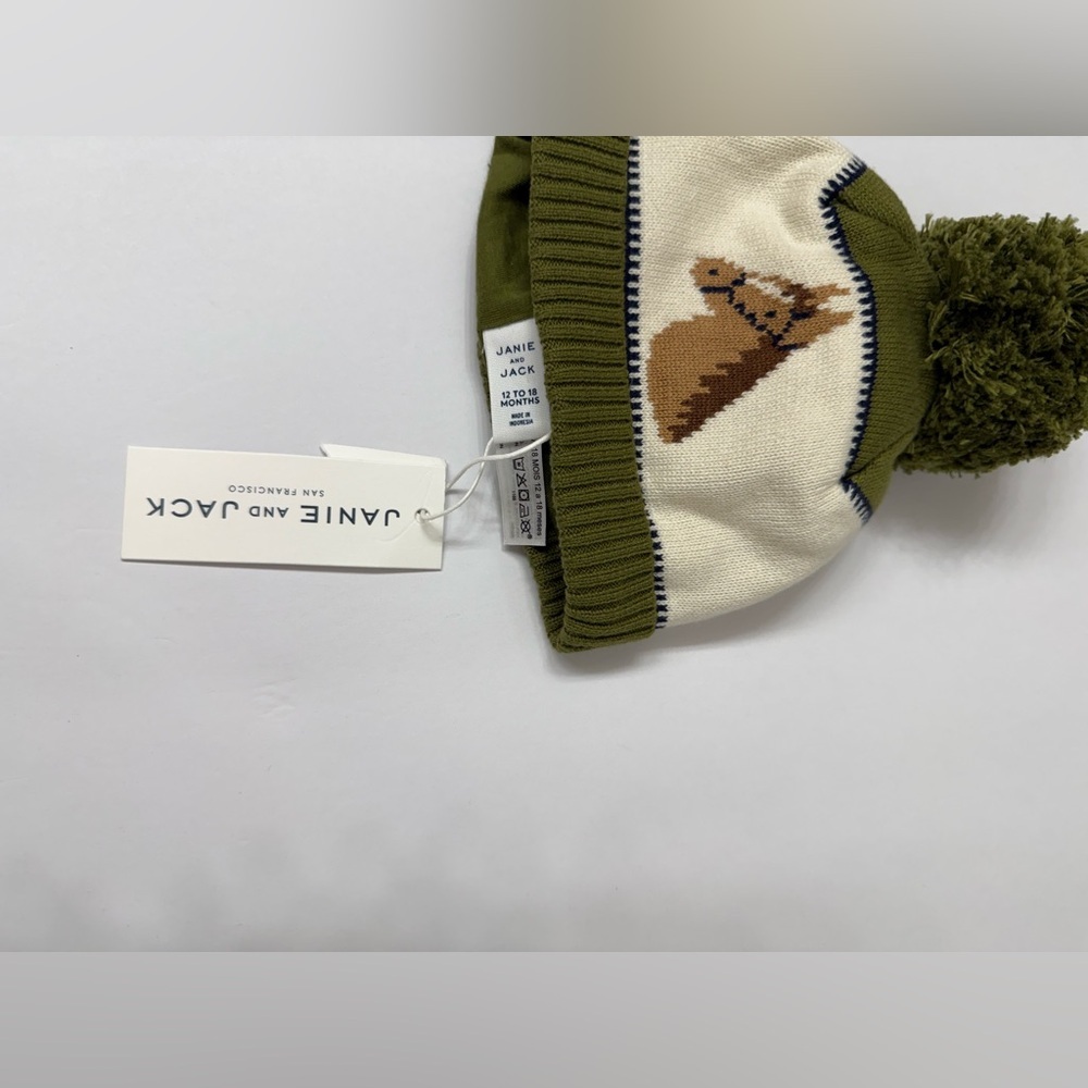 *** SOLD*** Janie and Jack Horse Green and Cream Pom Beanie - Picture 2 of 5
